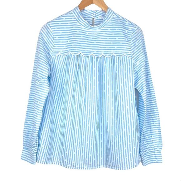 crown & ivy Tops - Crown & Ivy blue white stripe high neck Swiss dot scalloped long sleeve blouse